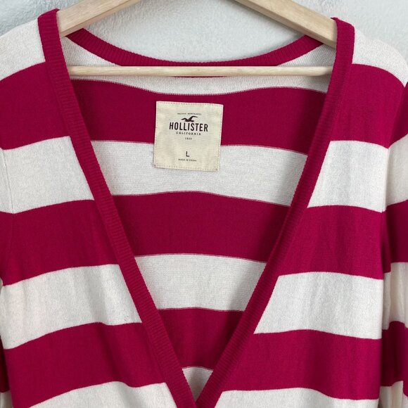 Y2K Hollister Womens Large Striped Cardigan Sweater Pink White Knit Button Up - Picture 7 of 8
